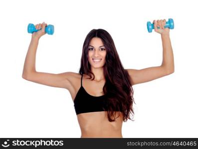 Girl in black underwear with dumbbells isolated