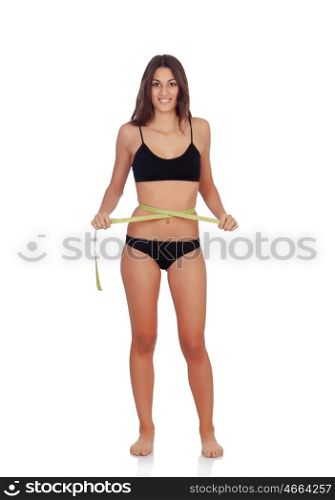 Girl in black underwear with tape measure isolated