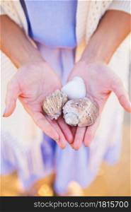 girl in blue dress holds different shells in hands, close-up.. girl in blue dress holds different shells in hands, close-up