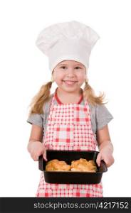 girl in chef&rsquo;s hat with baking isolated on white background