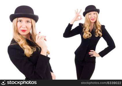 Girl in classic male suit isolated on white