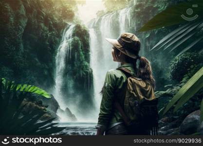 Girl in front of a waterfall in a jung≤, adventure, digital illustration pa∫ing, Ge≠rative AI