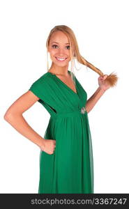 Girl in green holding her plait