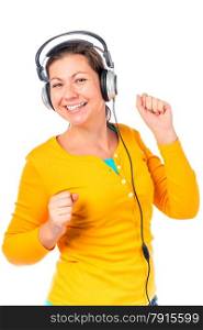 girl in headphones listens to music and dances