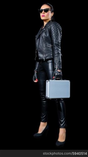 Girl in leather clothes with metallic case isolated