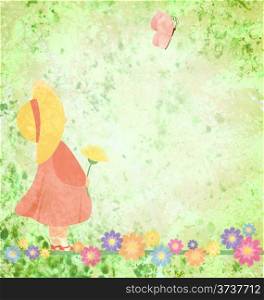 girl in pink dress and yellow hat with flowers and butterfly on green grunge background