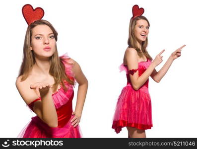 Girl in pretty pink dress isolated on white