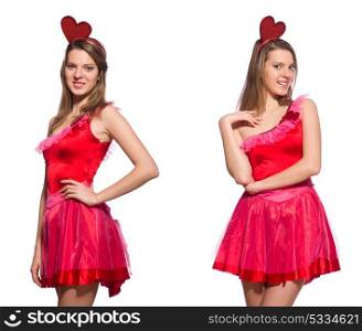 Girl in pretty pink dress isolated on white