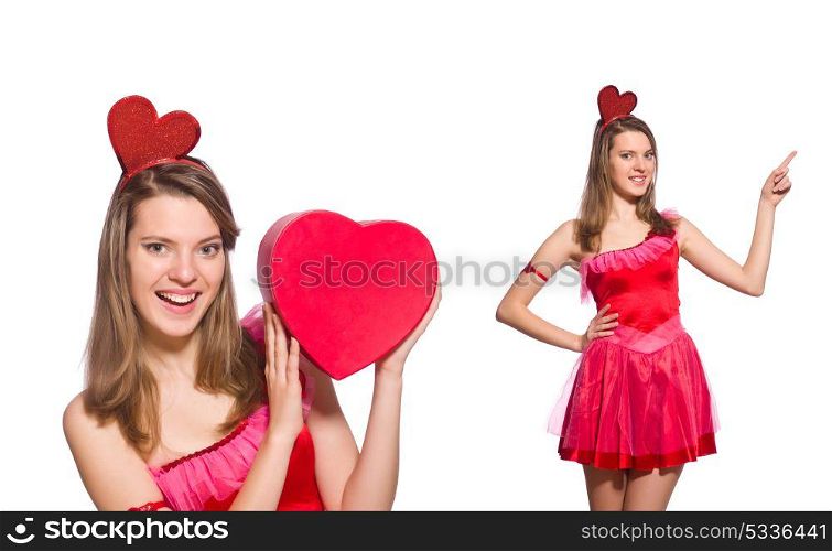 Girl in pretty pink dress isolated on white