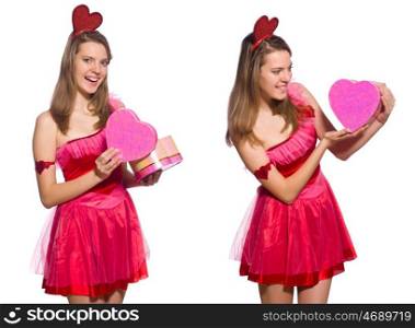 Girl in pretty pink dress with gift box isolated on white