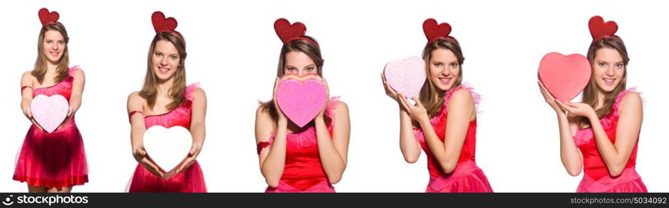 Girl in pretty pink dress with gift box isolated on white