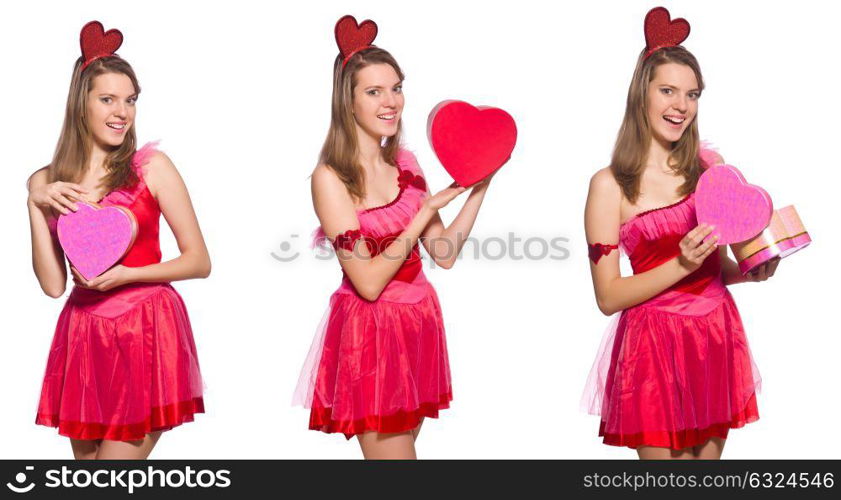 Girl in pretty pink dress with gift box isolated on white