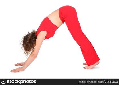 girl in red doing yoga exercise