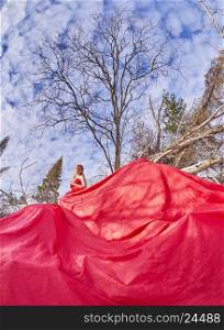 girl in red dress. Forest in winter