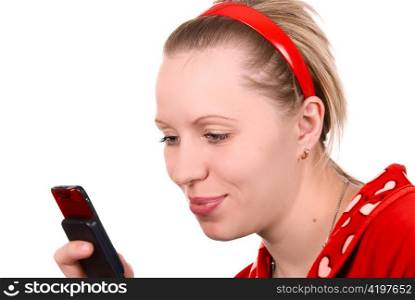 Girl in red with mobile phone on white