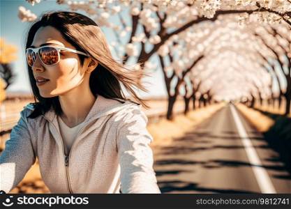Girl in Spring Sakura Background Illustration Generative AI