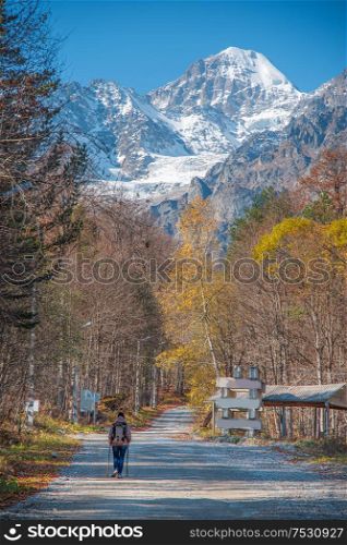 girl in the mountains. Autumn landscape