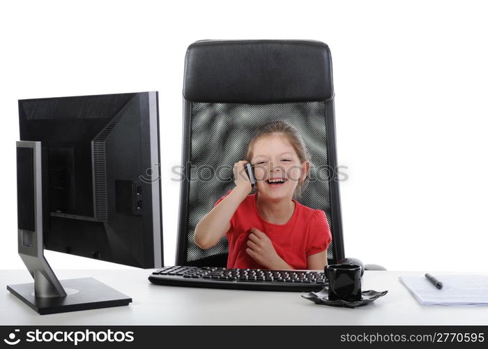 girl in the office talking on the phone. Isolated on white background