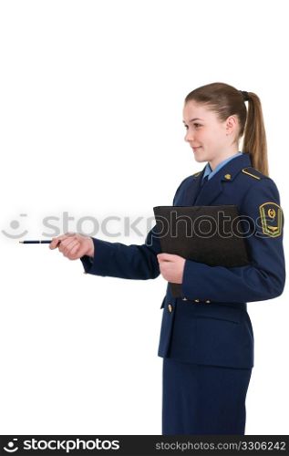 girl in the uniform of the railway with a folder