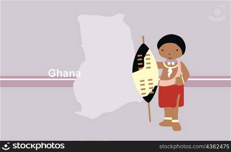 Girl in traditional clothing in front of the map of Ghana