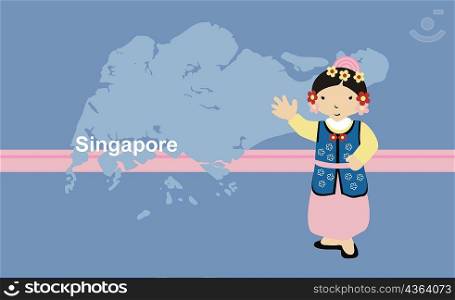 Girl in traditional clothing in front of the map of Singapore