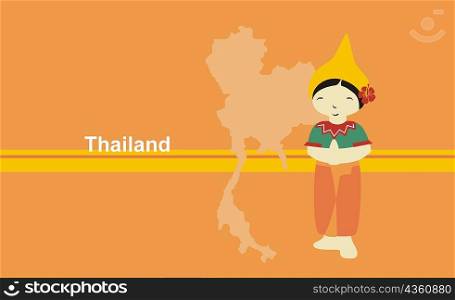 Girl in traditional clothing in front of the map of Thailand