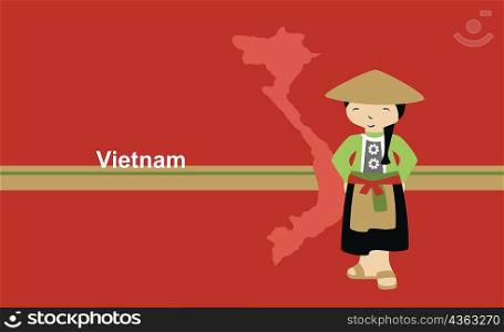 Girl in traditional clothing in front of the map of Vietnam