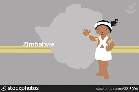 Girl in traditional clothing in front of the map of Zimbabwe