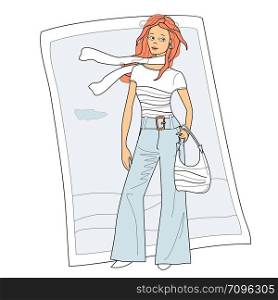 Girl in trousers and t-shirt with bag and scarf on a background of blue sky colored drawing