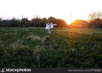 girl in underwear running across the field