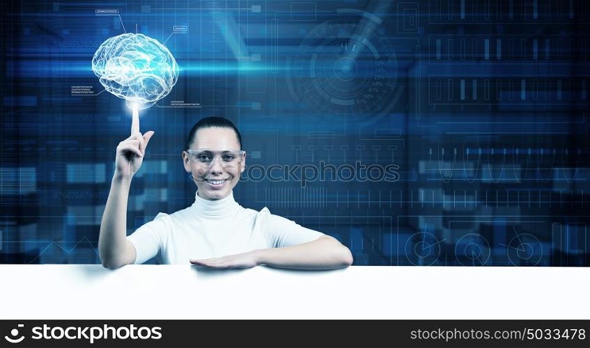 Girl in virtual designed room. Young woman with white banner on virtual blue interface