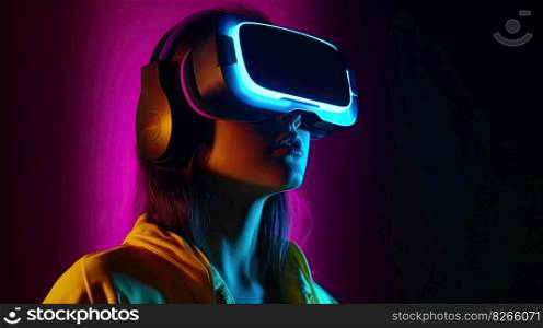 Girl in VR glasses. Illustration Generative AI 
