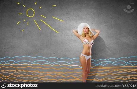 Girl in white bikini. Young hot woman in hat and bikini on colorful background