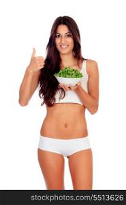 Girl in white underwear eating salda and saying Ok isolated