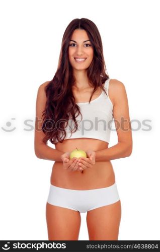 Girl in white underwear with a apple isolated