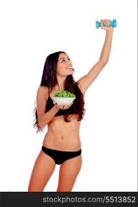 Girl in white underwear with a salad and exercising with dumbbells isolated