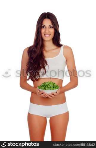 Girl in white underwear with a salad isolated