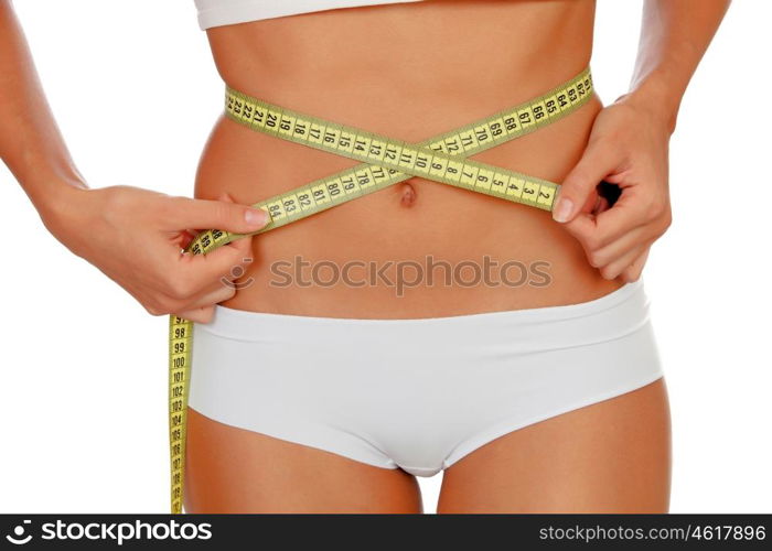 Girl in white underwear with a tape measure around her waist isolated