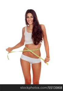Girl in white underwear with a tape measure around her waist isolated