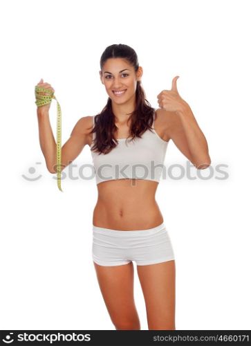Girl in white underwear with a tape measure around her waist saying Ok isolated