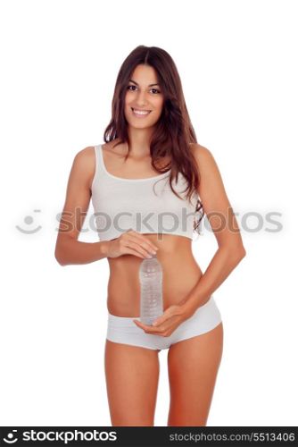 Girl in white underwear with a water bottle isolated