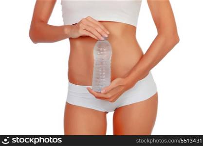 Girl in white underwear with a water bottle isolated