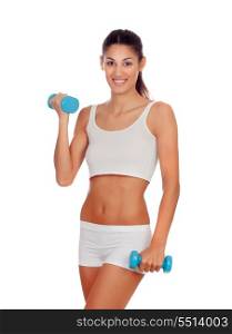 Girl in white underwear with dumbbells isolated