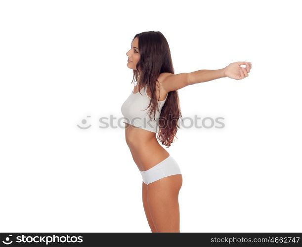Girl in white underwear with her arms extended isolated