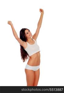 Girl in white underwear with her arms extended isolated