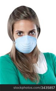 Girl infected with influenza A and mask isolated over white