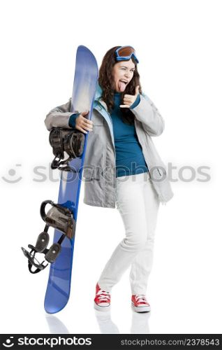 Girl isolated on white with a snowboard