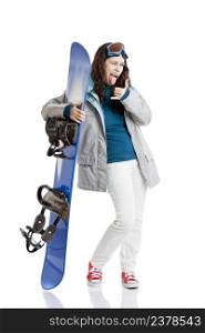 Girl isolated on white with a snowboard