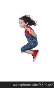 Girl jumping over white background
