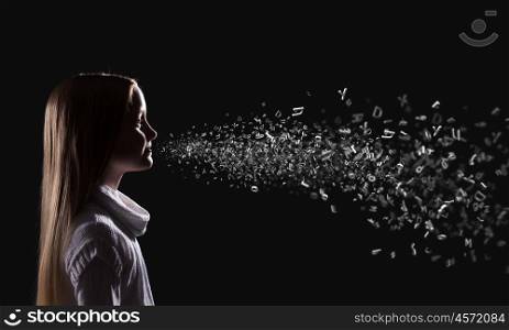 Girl making sound. Side view of girl of school age and voice coming out of her mouth